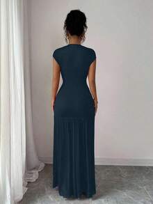 Nuevo vestido de moda de cuello alto sólido rojo sin mangas, con diseño sexy de malla calada y plisado en línea A, adecuado para fiesta de graduación, eventos festivos, citas - Azul marino - Ver 2