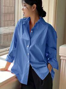 Camisa holgada de mujer de unicolor, de manga larga y de abotonadura sencilla - azul real - Ver 6