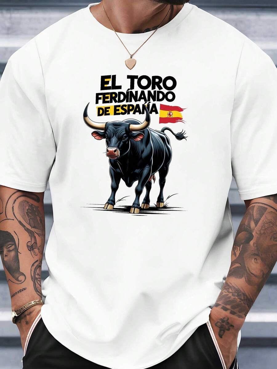 Camiseta de hombre estampada con la vaca Ferdinand española Esta camiseta estampada es muy adecuada para la práctica de baloncesto Tiene cuello redondo y mangas cortas lo que lo hace perfecto para la moda urbana y el gimnasio Es un artículo esencial para las salidas de verano de los hombres a la playa playeras de hombre ropa de hombre - Blanco - Ver 1