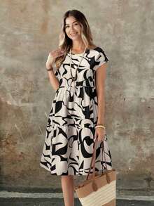 Vestido de mujer de manga corta con cuello redondo y estampado geométrico de verano - Negro - Ver 4