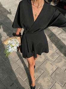 Vestido mini envolvente de unicolor con cuello en V para mujer - Negro - Ver 8