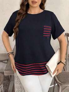 Camiseta casual de talla grande con bolsillo y rayas de contraste, prenda de vestir occidental estilo boho bohemio, top de festival de los 90, verano y primavera - Azul - Ver 4