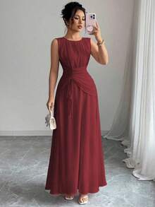 Vestido maxi casual, romántico, vintage y elegante de gasa para mujer con cordón en la cintura, para la playa, el té de la tarde, fiestas de noche, uso diario, sin mangas, de unicolor, vestido largo, primavera/verano - Burdeos - Ver 4