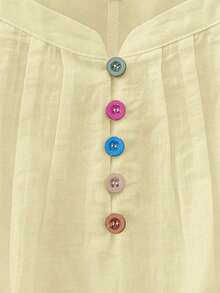 Blusa sin mangas de mujer con cuello plisado, decoración de botones de colores y diseño minimalista elegante de unicolor - Amarillo - Ver 3