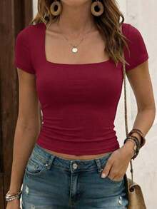 Camiseta de manga corta con cuello cuadrado de punto de unicolor, ajustada y sexy, estilo Y2K, para mujer Vaiaye, adecuada para actividades de primavera/verano y el Día de San Valentín - Burdeos - Ver 5