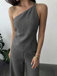 Nuevo conjunto de verano elegante de vacaciones de 2 piezas de lino, con top de cintura fruncida y espalda descubierta de dobladillo asimétrico en color albaricoque y pantalón largo de cintura alta - Gris Oscuro - Ver 7