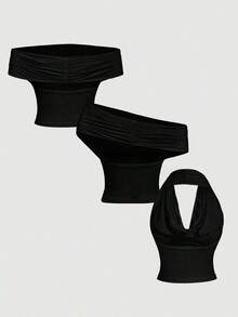 Set de 3 blusas de mujer de unicolor con pliegues, versátiles y de moda, para otoño/invierno, Navidad, Año Nuevo, hombros descubiertos, estética, festivales, campo, vacaciones en la playa, té, modestas, baile de graduación, lindas - Multicolor 5 - Ver 10