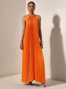 Vestido holgado de verano y primavera casual de vacaciones de cuello halter sin mangas con pliegues y bajo en A, color verde oscuro - vestido para mujer - Naranja - Ver 6