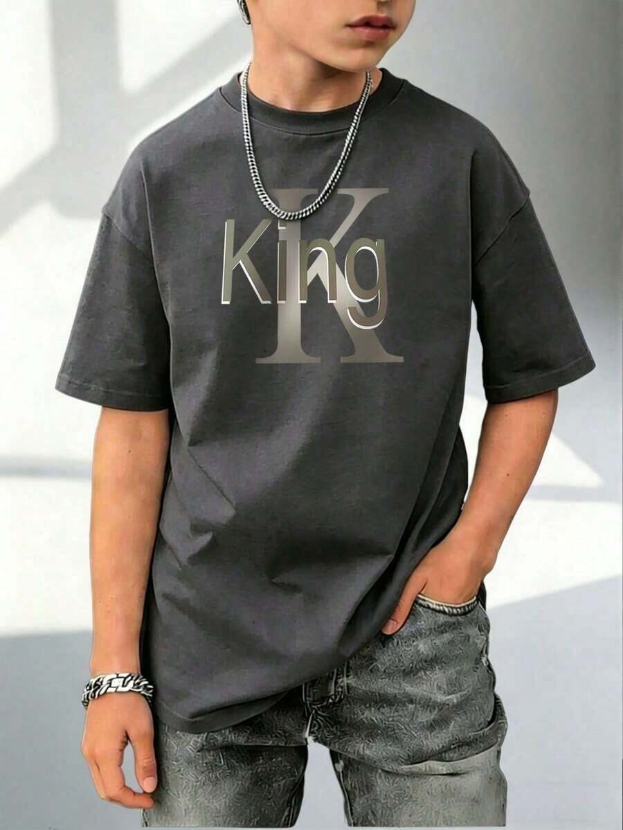 Short-Sleeved T-Shirt With Round Neck And "King" Print In Urban Style For Children - رمادي غامق - مشاهدة 1