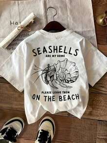 Ocean-Friendly Style Short-Sleeve T-Shirt, 100% Cotton, Haed Cut, Hermit Crab Shell Text Print, Ocean-Themed Everyday Wear, Letter Print, Summer Short-Sleeve T-Shirt For Adult Women, Breathable Fabric, Suitable For Back-To-School Season, For Everyday Wear, Gift - 白色 - 查看 1