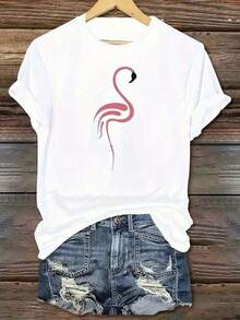 1 pieza Camiseta con estampado de flamenco blanco | Flamenco rosa y manchas negras, manga corta, cuello redondo, uste relado, tela suave y transpirable, atuendo casual para fiestas en llaya, vestimenta casuaersátil para todas las estaciones, lavable a máquina, elegante estilo tropical, ligera - Blanco - Ver 2