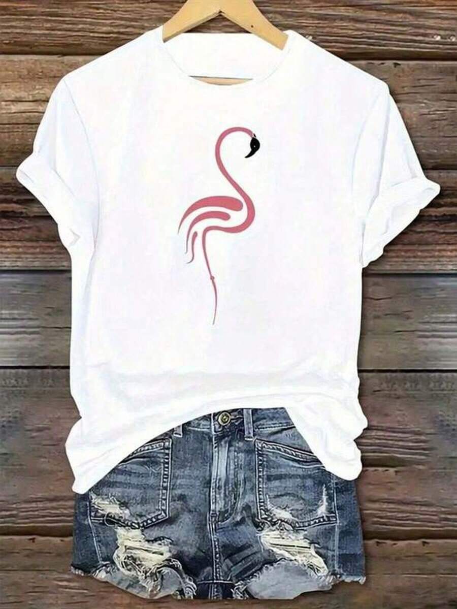 1 pieza Camiseta con estampado de flamenco blanco | Flamenco rosa y manchas negras, manga corta, cuello redondo, uste relado, tela suave y transpirable, atuendo casual para fiestas en llaya, vestimenta casuaersátil para todas las estaciones, lavable a máquina, elegante estilo tropical, ligera