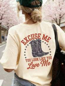 Camiseta vintage 100% para mujer, estilo punk suave y holgado, hecha de tela 100% algodón suave, estampada con el eslogan "EXCUSE ME YOU LOOK LIKE YOU LOVE ME" en rojo, llamativa y versátil, camiseta de manga corta estilo punk occidental americano, adecuada para salidas de fin de semana, fiestas temáticas de mezclilla y reuniones con amigos, ropa casual de verano para mujer, conjuntos de regalo para el Día de la Madre, ropa para la Copa del Mundo, ropa para fiestas de fútbol, ropa para días de juego, camiseta unisex de fútbol de EE. UU. de talla grande, ropa de verano para mujer. Moda - Albaricoque 2 - Ver 5