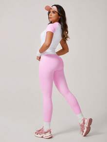 NcmRyu Women's Color Block Elastic Crew Neck Short Sleeve Top And Pants Sports Suit, 1 Set - Pink - View 8