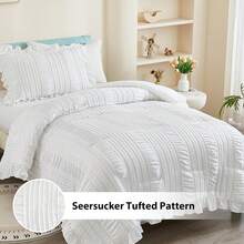 3 Pieces White Ruffle Textured Comforter Set Queen King,Ruffle Farmhouse Shabby Chic Comforter For Queen Bed,Soft Seersucker Boho Bedding Set With 1 Ruffle Comforter,2 Tufted Pillowcases Valentine Decor Room Decor, Idea Gifts For Mother Day, Labor Day, Wedding Anniversary Celebration, Back-To-School Season, Graduation - White Ruffle - 查看 13