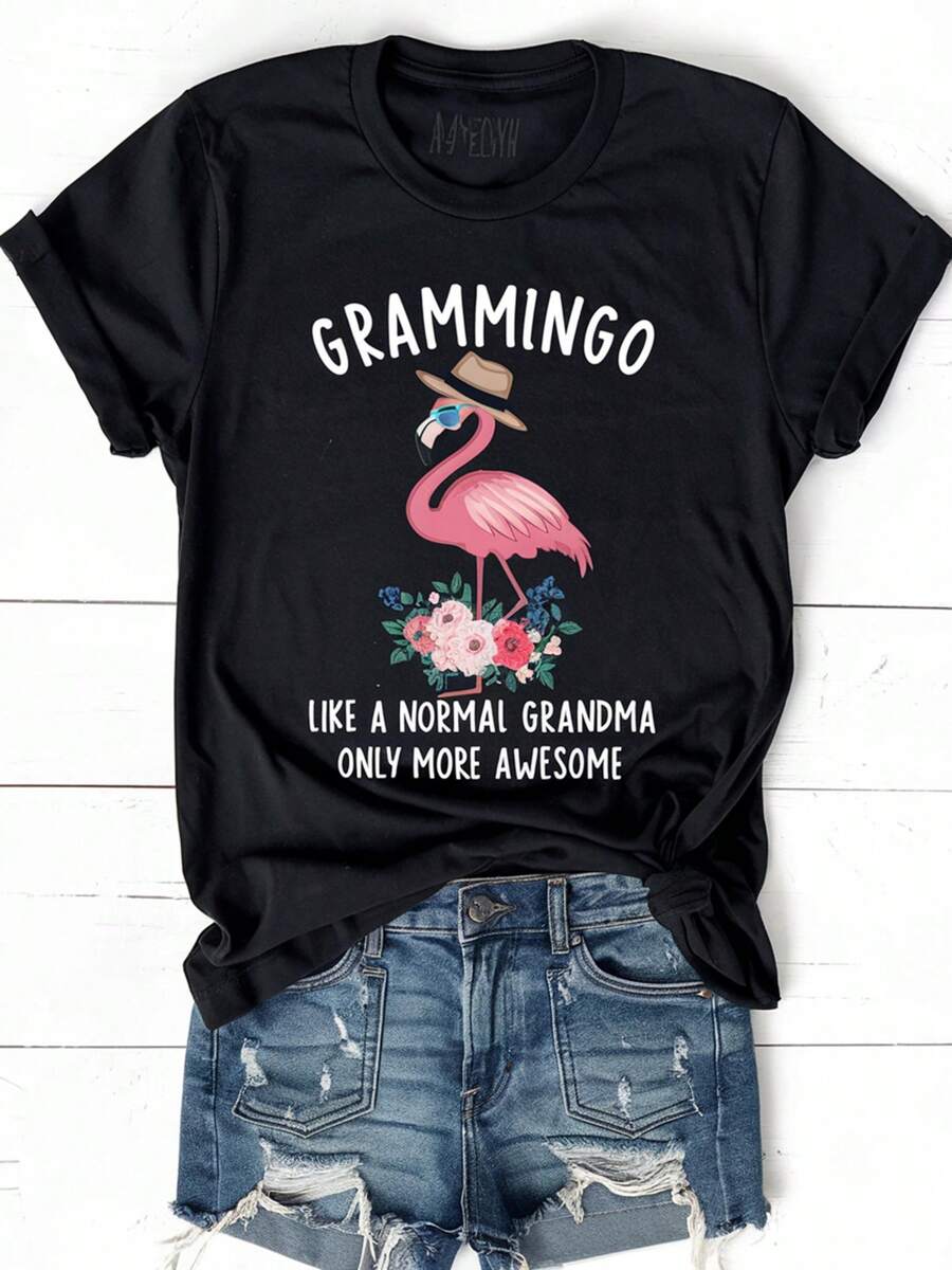 Camiseta clásica de talla grande con estampado de flamencos, top casual de manga corta y cuello redondo, adecuada para primavera y verano, ropa de talla grande para mujer 0XL-4XL. Bestseller. - Negro - Ver 1