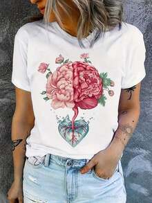 Camisetas de talla grande suaves y transpirables para mujer, de corte holgado y estilo casual, camiseta con estampado floral y diseño de cerebro para mujer, top casual de manga corta con cuello redondo de fibra de poliéster, camiseta de tejido de punto de longitud regular para primavera y verano, ropa casual de primavera.|   Diseño Artístico del Cerebro|   Tela de poliéster   Transpirable y cómoda - Blanco - Ver 1