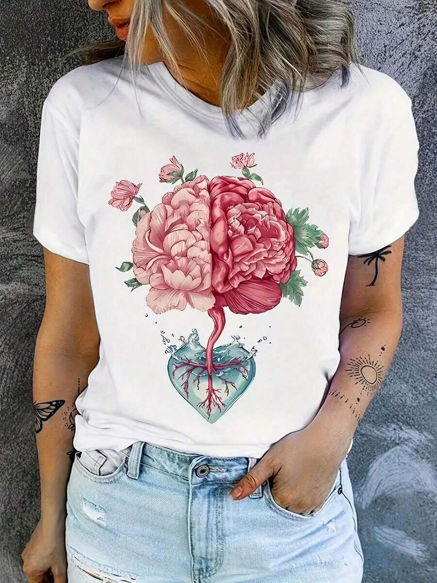 Camisetas de talla grande suaves y transpirables para mujer, de corte holgado y estilo casual, camiseta con estampado floral y diseño de cerebro para mujer, top casual de manga corta con cuello redondo de fibra de poliéster, camiseta de tejido de punto de longitud regular para primavera y verano, ropa casual de primavera.| Diseño Artístico del Cerebro| Tela de poliéster Transpirable y cómoda - Blanco - Ver 1