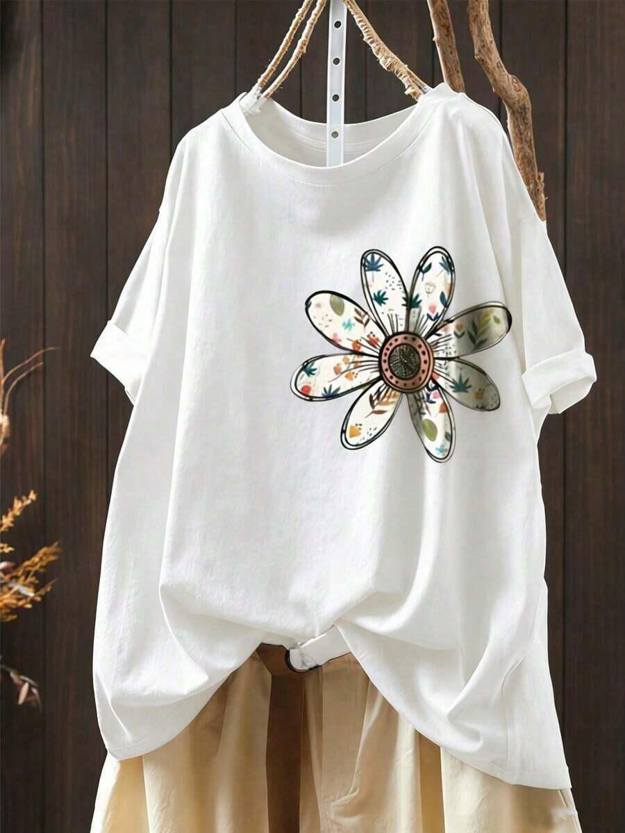 Camiseta de talla grande con estampado de margaritas, blanca, adecuada para la vuelta al cole, el Día del Maestro, sesiones de fotografía, deportes y uso casual, para el hogar y la oficina, transpirable y cómoda. - Blanco - Ver 1
