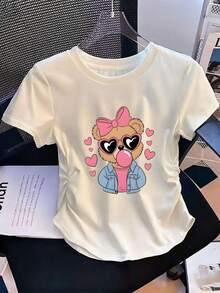 Camiseta elástica para mujer que define la cintura, con estampado de oso lindo, corazón, gafas de moda y lazo, de manga corta y cuello redondo, estilo Harajuku, suave y transpirable, ropa femenina. Transpirable y cómoda. - Blanco - Ver 11
