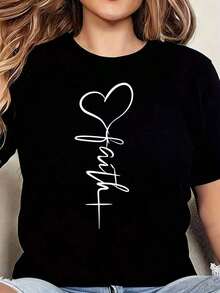 Camiseta de Verano Fresca Casual para Mujer, de Manga Larga y Cuello Redondo, con Elegante Diseño de Corazón y Escritura de Amor, 1 Pieza. Camiseta de Mujer Oversize con Gráficos, de Manga Corta, Novedosa, 100% Poliéster, Top Casual con Cuello Redondo, a la Moda. - Negro - Ver 7