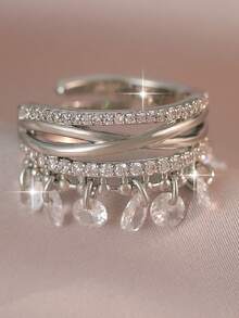 1 chiếc nhẫn đơn thời trang đính pha lê tua rua nhiều lớp giao nhau, đá Cubic Zirconia lấp lánh, thích hợp cho nữ, dùng hàng ngày, tốt nghiệp, lễ hội âm nhạc, kỷ niệm, quà tặng trang sức bằng đồng. - tua rua - Xem 5
