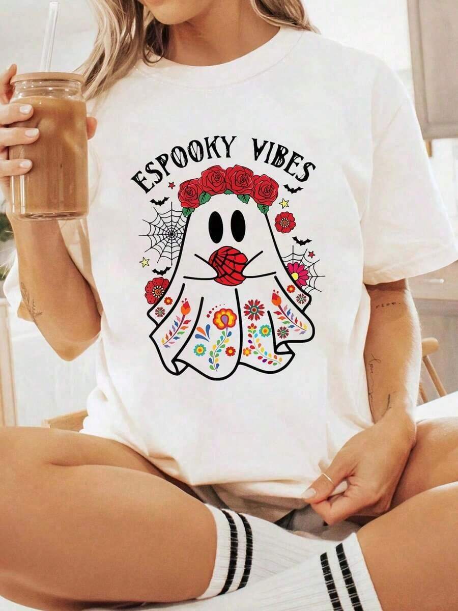 Women's 100% Cotton T-Shirt With Halloween Graphics, Spooky Vibes Print, Halloween Ghost, Mexican Seashell, Spooky Mama T-Shirt. Loose, Casual, And Versatile Y2K Style. - 白色 - 查看 1
