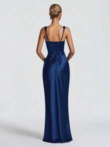 Red Satin Square Neck Maxi Dress, Ruched Bodycon Formal Evening Gown With Gloves - Navy Blue - View 2