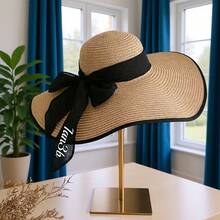 Customized Large Brim Straw Hat, Can Add Text, Name, Or Phrase Heat-Pressed On Detachable Bow, 2-Way Wear, Fashion Accessory Suitable For Street, Beach, Camping, Travel, Sightseeing, Personalized Summer Sun Hat, Great Gift For Mom Or Girlfriend - Multicolor - View 7