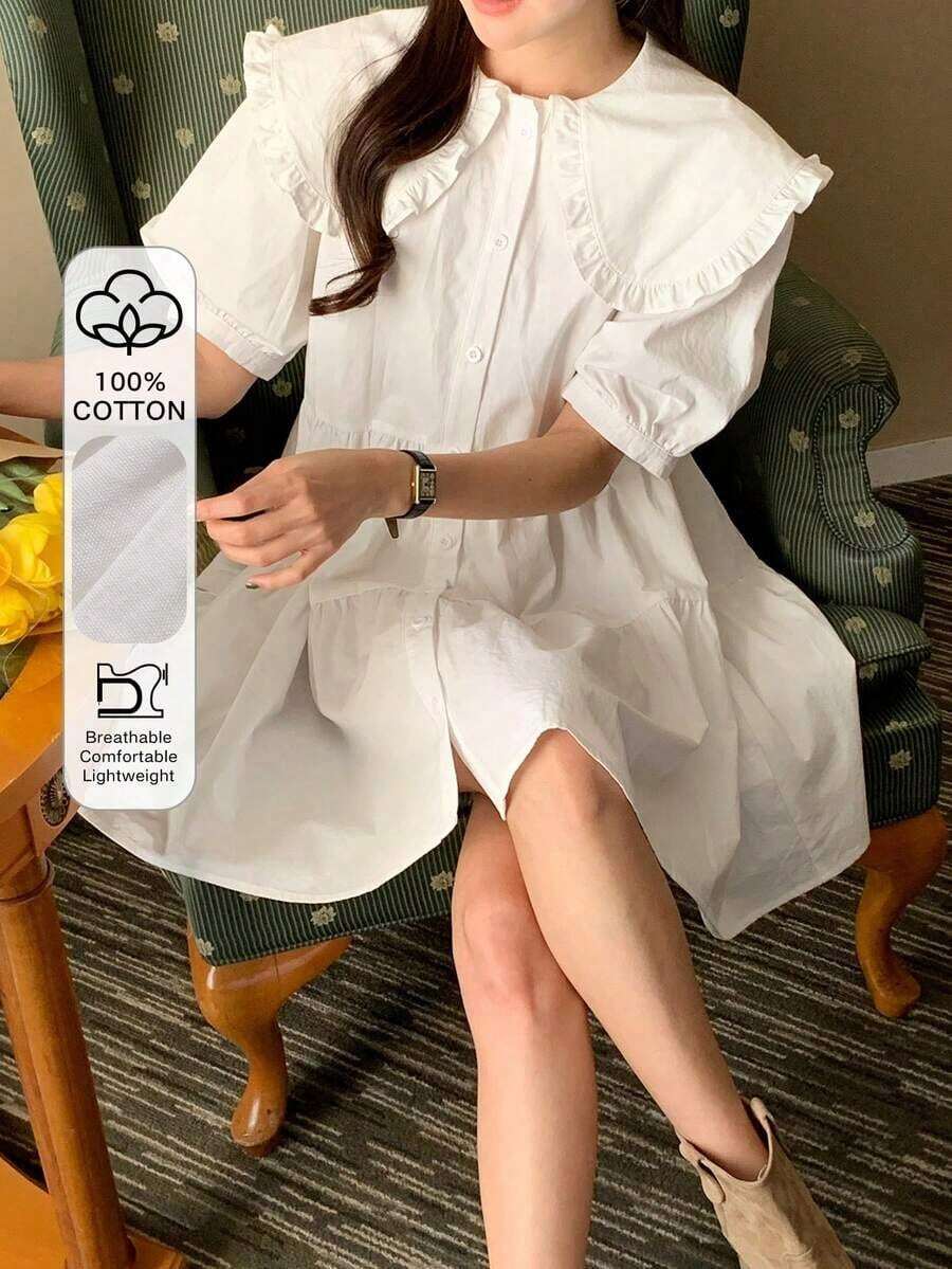 Vestido corto de verano informal y dulce con cuello Peter Pan, borde con volantes y unicolor - Blanco - Ver 1