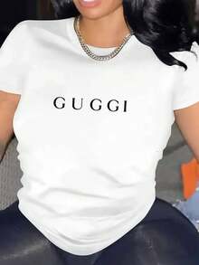 Women's Modern, Casual T-Shirt, Perfect For Parties And Lounging At Home. 100% Cotton, Relaxed Fit. Women's Oversized Casual T-Shirt In Heather Gray With Bold "GUGGI" Letter Print - Breathable And Stretchy Fabric, Relaxed Fit With Crew Neck, Machine Washable Sports Top For Casual Wear And Light Exercise, Women's T-Shirts, Light Exercise Wear, Medium Stretch Fabric, 100% Cotton - 白色 - 查看 1
