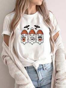 Women's Halloween T-Shirts, Ghost Design T-Shirt, Autumn T-Shirt, Graphic Tees For Coffee Lovers, Casual Short Sleeve Tops, Loose Fit T-Shirt, Casual And Versatile, Y2k T-Shirt, Shirt - 黑色 - 查看 10