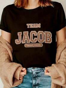 Women's Clothing "Team Jacob Twilight Forever" Pattern T-Shirt For Women - Spring Summer Lightweight Round Neck Short Sleeve, Black T-Shirt, Casual Women's Shirts - 黑色 - 查看 1