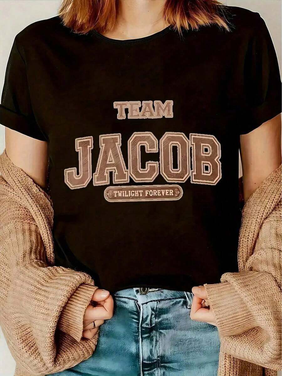 Women's Clothing "Team Jacob Twilight Forever" Pattern T-Shirt For Women - Spring Summer Lightweight Round Neck Short Sleeve, Black T-Shirt, Casual Women's Shirts - 黑色 - 查看 1