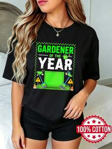 Camiseta negra de manga corta con cuello redondo y estampado para dama, verano casual Jardinero del Año S-3XL moda 100% aodón material transpirable - Negro - Ver 2