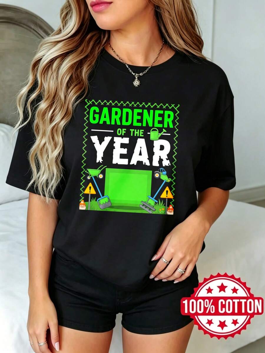 Camiseta negra de manga corta con cuello redondo y estampado para dama, verano casual Jardinero del Año S-3XL moda 100% aodón material transpirable