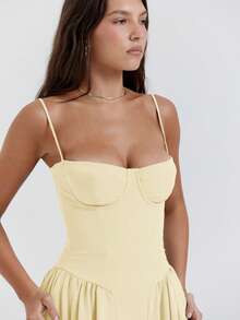 French Vintage Style Long Strapless Dress, Elegant Dress With An Aesthetic Color Palette - Light Yellow - View 3