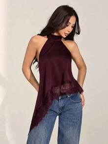 Top halter con escote trasero, bajo asimétrico y parches de encaje, sexy para el verano - Granada - Ver 8