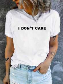 I DON'T CARE Camiseta de Cuello Redondo con Estampado de Moda para Mujer, Nueva Camiseta de Manga Corta Ajustada para Primavera y Verano. Playera - Blanco - Ver 6