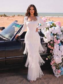 New Arrival European And American Fashion Square Neck Diamond Flower Design Layered Tassel Fitted Party Dress For Women - White - View 1