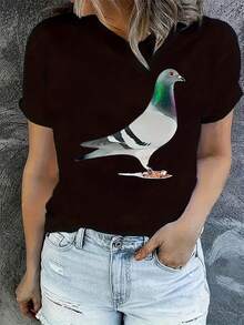 Camiseta Deportiva Casual para Mujer con Estampado Creativo de Palomas Realistas, Cuello Redondo, Manga Corta, Cómoda para el Verano y Vacaciones. - Negro - Ver 8