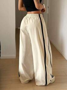 HypeZone Pantalones deportivos casuales de pierna ancha con cintura con cordón - Caqui - Ver 4