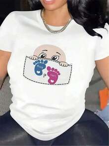 Camiseta de Manga Corta en Poliéster Blanco y para Fiesta Revelación del Género, Duradera e Cómoda, Ideal Para Uso En La Sala De Estar Del Hogar, ¡Material Suave! Diseño Elegante con Huellas Impresas, ¡Perfecto Paa Usos Casuales100% Cotton - [Blanco] - Ver 6