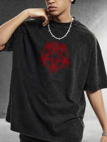 1 Unisex Fashion Crew Neck T-Shirt, Printed On Both Sides, Made Of Cotton With A Demon And Goat Skull Design. | Machine Washable | Comfortable In All Seasons | 100% Pure Cotton | Retro Japanese Street Style, Loose Fit, High-Quality Promotional Item, 230g, 100% Cotton. - 黑色 - 查看 6