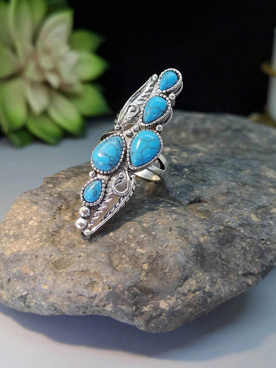 1pc Vintage Colorful Turquoise Women's Long Ring, Multiple Sizes Available - Multicolor - View 1