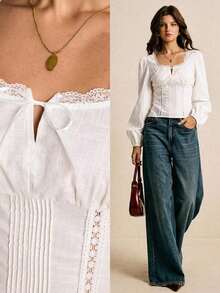 Blusa de manga larga con cuello cuadrado, decoración de lazo y encaje de contraste para mujer - Blanco - Ver 1