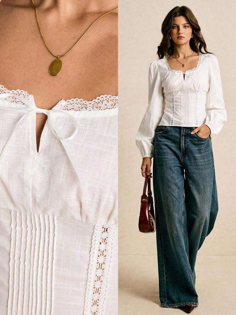 Blusa de manga larga con cuello cuadrado, decoración de lazo y encaje de contraste para mujer - Blanco - Ver 1