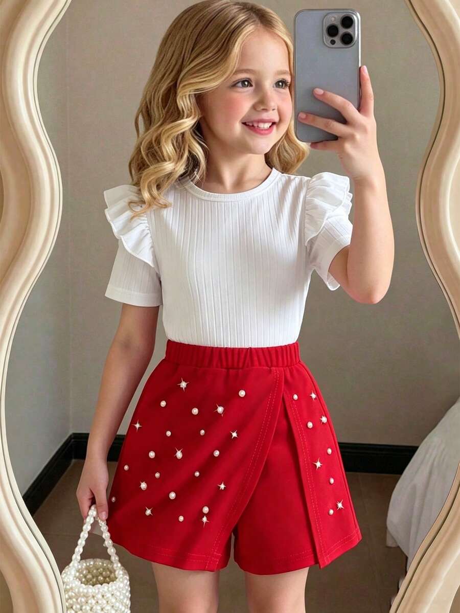 2pcs/Set Young Girls' White Ribbed Ruffle Trim Short Sleeve Top And Red Beaded Skort Outfit, Cute Sweet Summer Clothing - Red - View 1