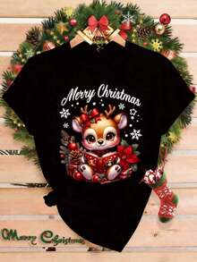 NewSummerCasualPlayera con diseño de Reno leyendo un libro y frase Merry Christmas, estampada, con colores de temporada, ideal para uso diario, llamativo, moderno, holgado, cuello redondo, manga corta, ideal para toda la familia-Vintage Street Style Unisex Loose Cotton Short Sleeve Crew Neck T-Shirt - Negro - Ver 1