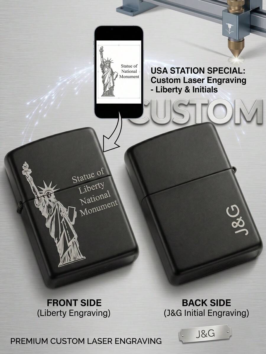 1pc Custom Laser Engraved Lighter Case, Personalized Metal Windproof Cover With Statue Of Liberty & Initials, USA 250th Anniversary Souvenir, Patriotic Gift For Men, Husband, Father, Groomsmen, Birthday, Outdoor Gear - Multicolor - View 1